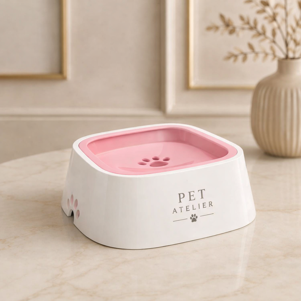 Ciotola d’acqua PET ATELIER bianca con interno rosa su superficie in marmo, design moderno e minimal con dettagli eleganti