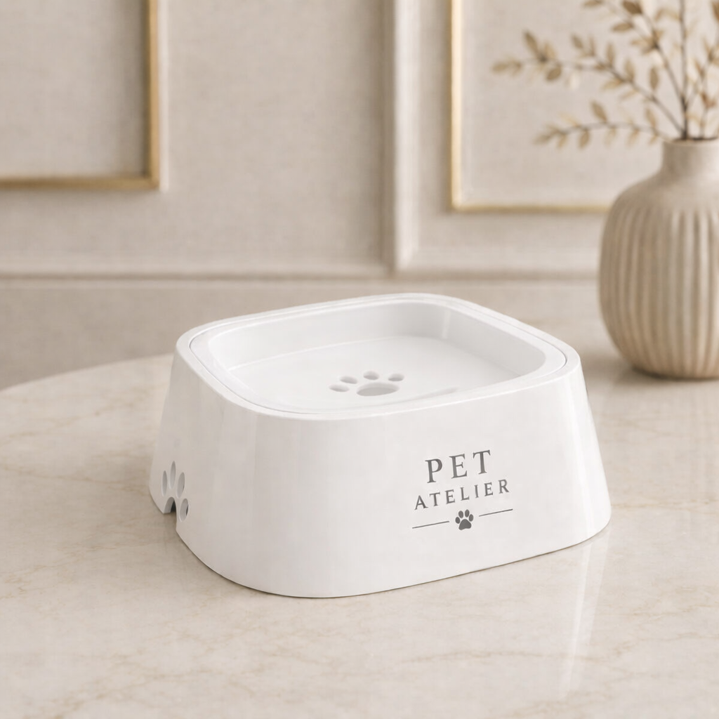Ciotola d’acqua PET ATELIER bianca con interno bianco su superficie in marmo, design moderno e minimal con dettagli eleganti