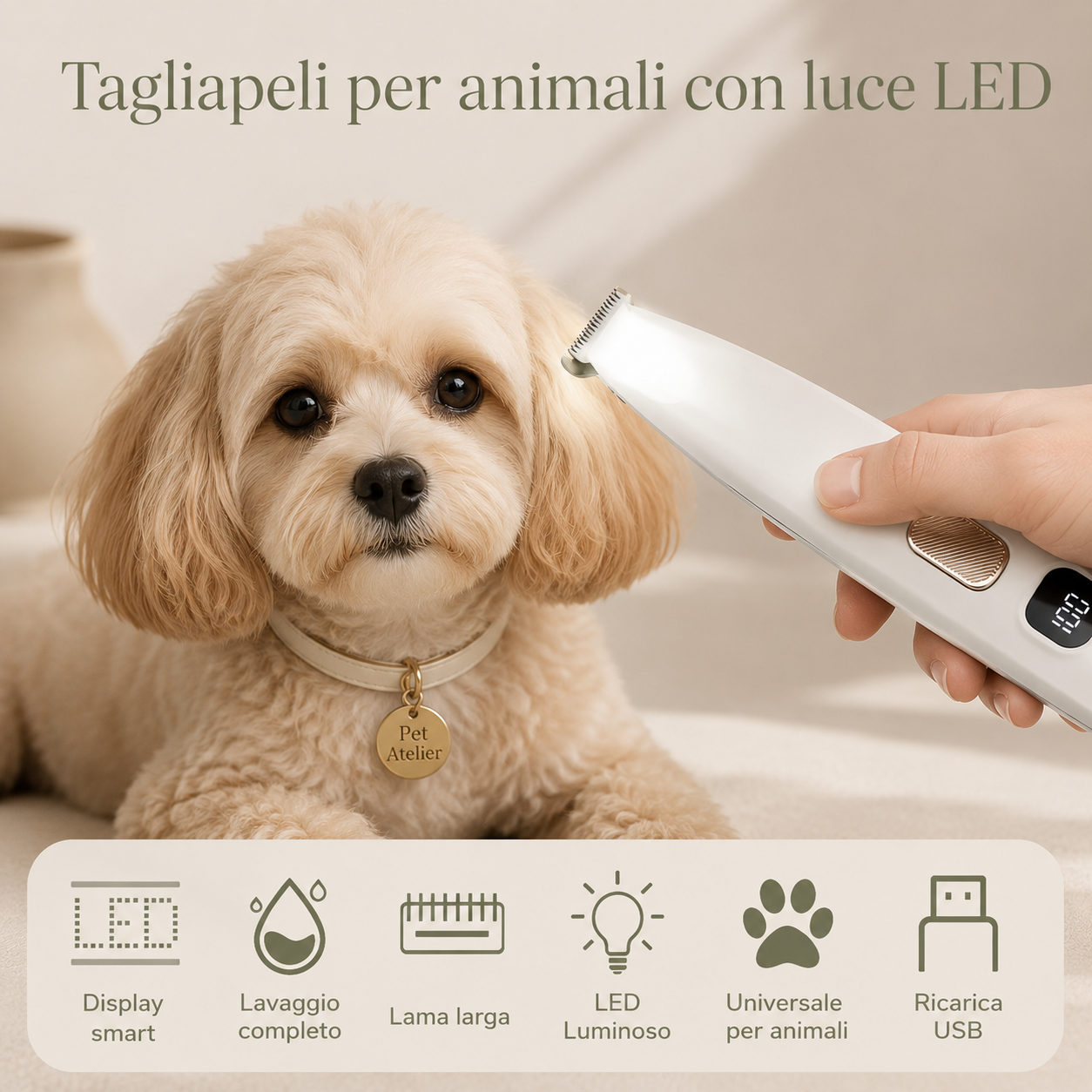 Tagliapeli per animali con luce LED Pet Atelier, tosatrice professionale per cani e gatti con display smart, ricarica USB e lama larga, utilizzata su cane barboncino in stile luxury.