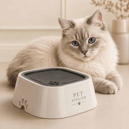 Gatto chiaro accanto a ciotola d’acqua PET ATELIER bianca con design moderno, superficie antischizzo e ambientazione minimal elegante