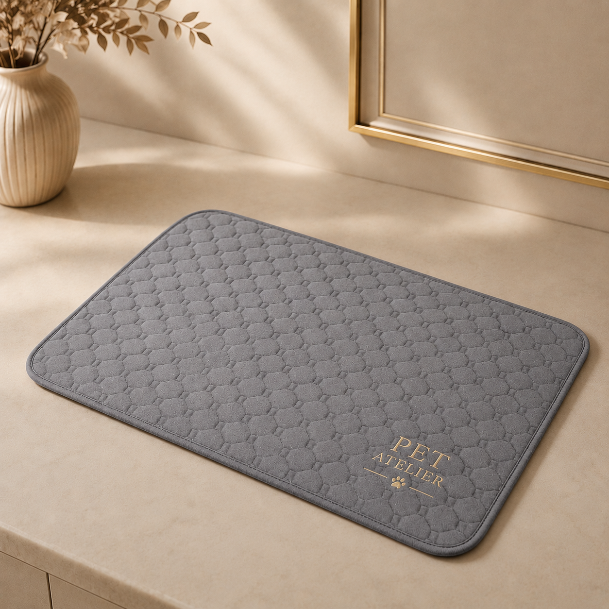 Tappetino imbottito PET ATELIER grigio con motivo trapuntato, presentato in ambientazione luxury con dettagli marmo e decorazioni eleganti