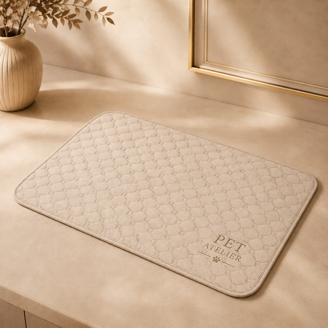 Tappetino imbottito PET ATELIER beige con motivo trapuntato, presentato in ambientazione luxury con dettagli marmo e decorazioni eleganti