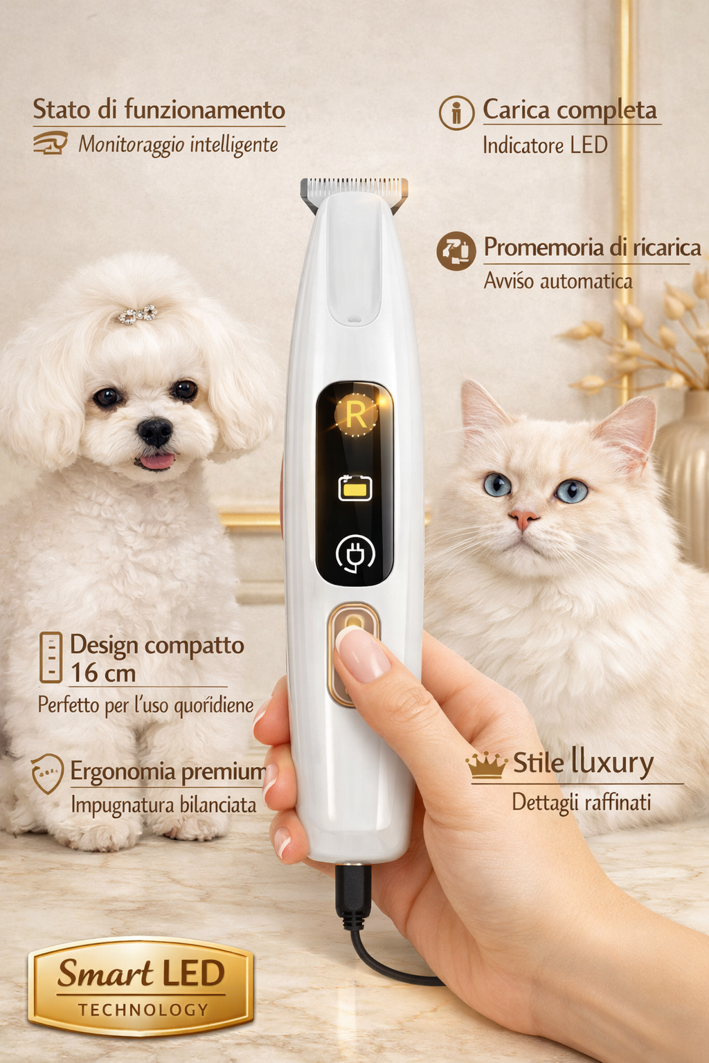 “Tagliapeli professionale per cani PET ATELIER con display LED smart, design luxury bianco e oro, impugnatura ergonomica e animali domestici ben curati sullo sfondo.”