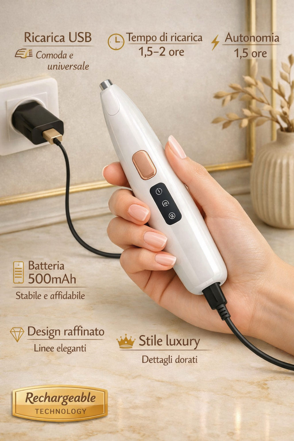 “Tagliapeli professionale per cani PET ATELIER in ricarica USB su superficie marmo beige, design luxury con dettagli dorati, batteria 500mAh e tecnologia impermeabile.”