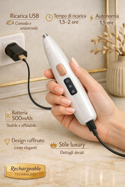 “Tagliapeli professionale per cani PET ATELIER in ricarica USB su superficie marmo beige, design luxury con dettagli dorati, batteria 500mAh e tecnologia impermeabile.”