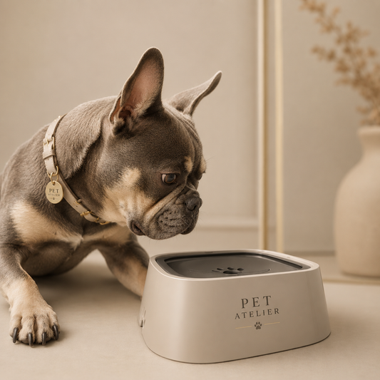 Cane di piccola taglia che osserva ciotola PET ATELIER beige, design luxury con dettagli eleganti e ambientazione minimal