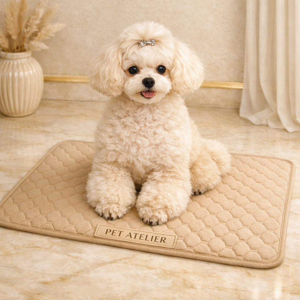 Cagnolino seduto su tappetino imbottito PET ATELIER beige, ambientazione luxury con dettagli marmo e decorazioni eleganti