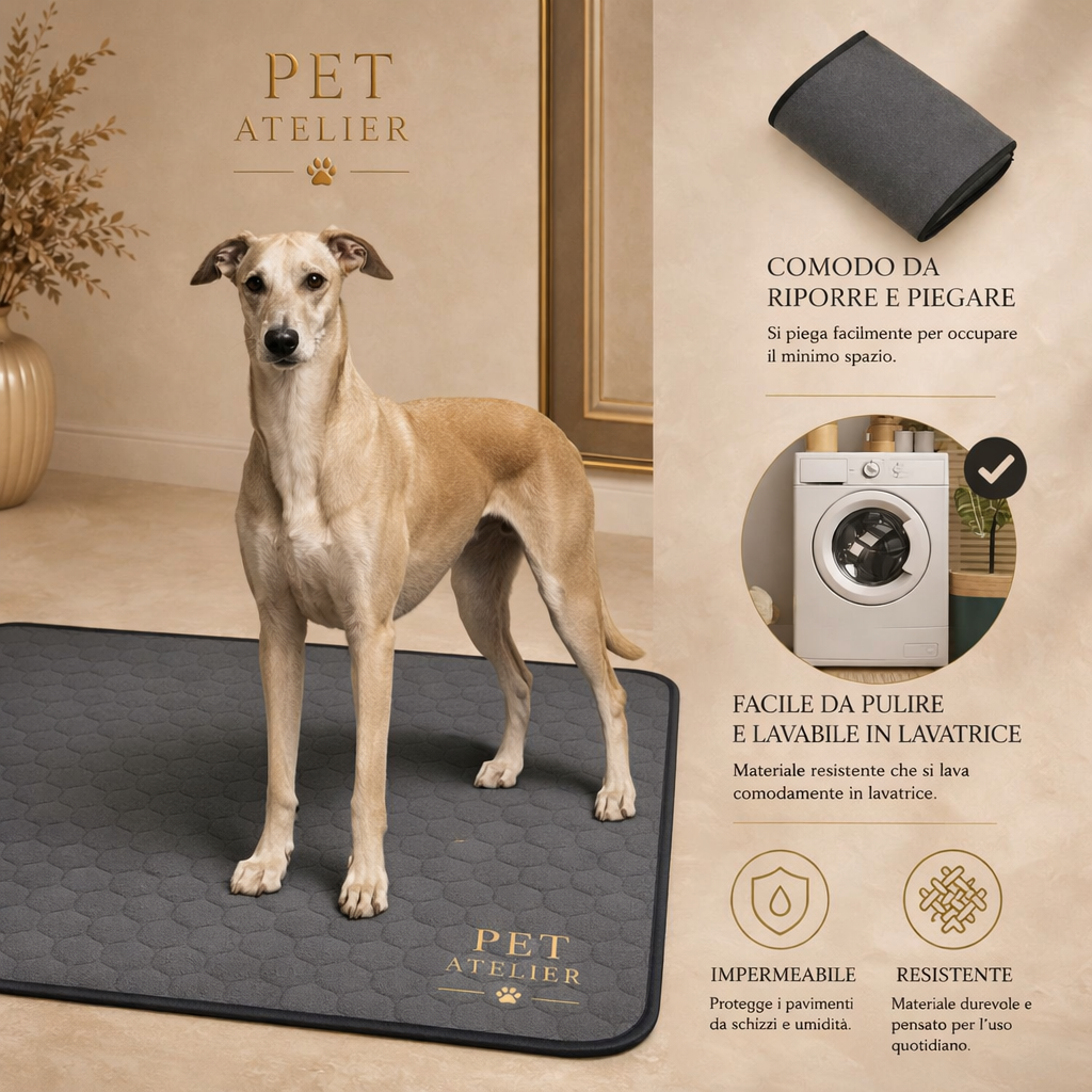 Cane su tappetino PET ATELIER grigio scuro impermeabile, resistente e pieghevole, con icone delle caratteristiche e ambientazione beige luxury