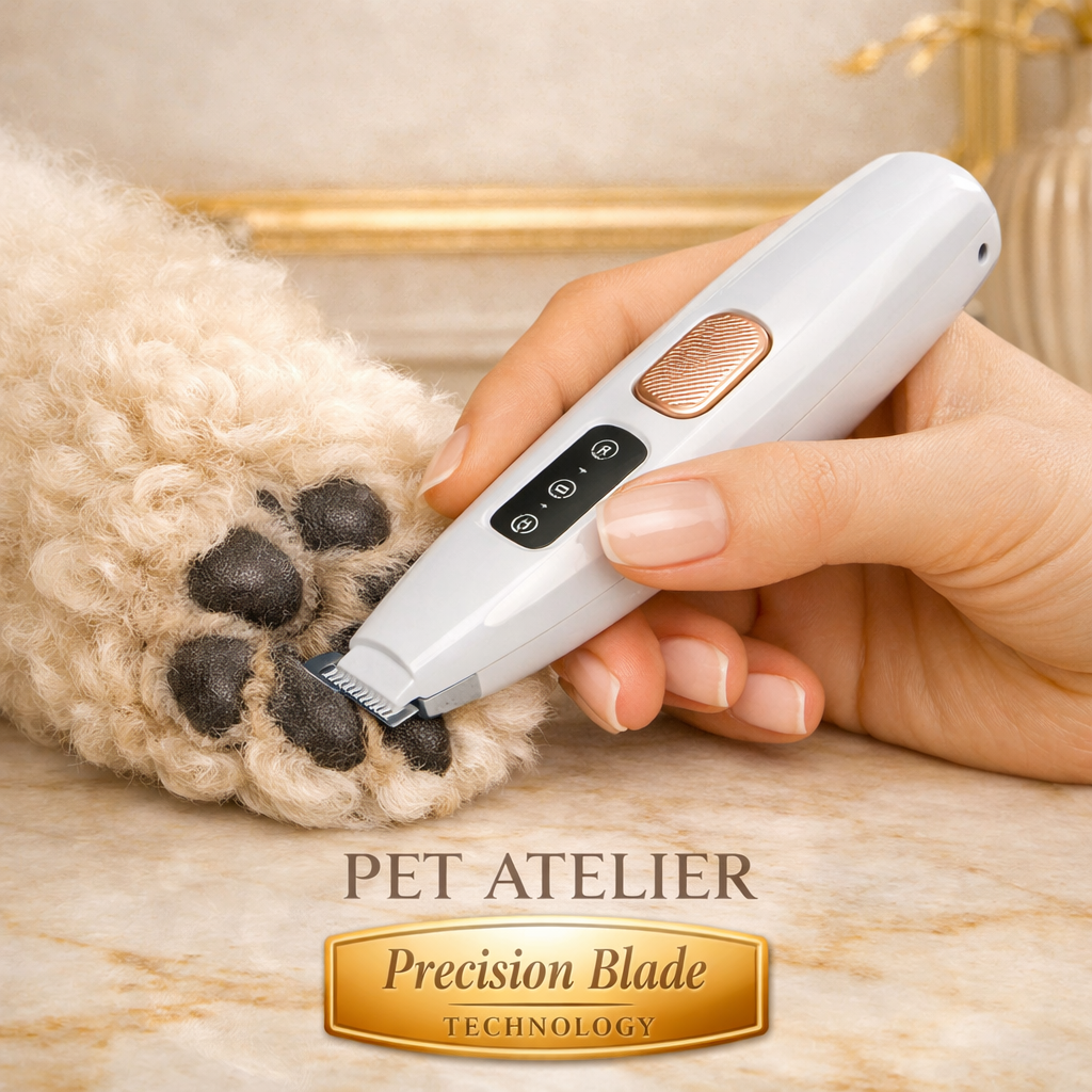 Tagliapeli professionale PET ATELIER che rifinisce la zampa di un cane, lama di precisione e design luxury bianco‑oro su sfondo marmo.”