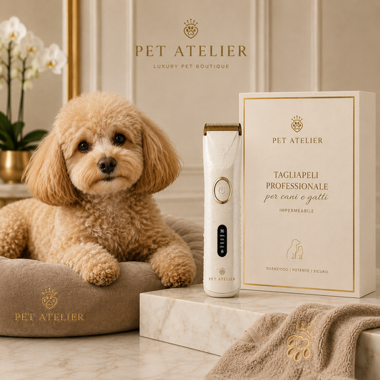 Immagine luxury di cane barboncino con tagliapeli professionale impermeabile Pet Atelier, tosatrice silenziosa per cani e gatti con design elegante beige e oro